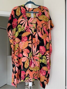 Chico's Aloha Leaf Print Kaftan Kimono Swimsuit Coverup Tropical Leaf Print S/M